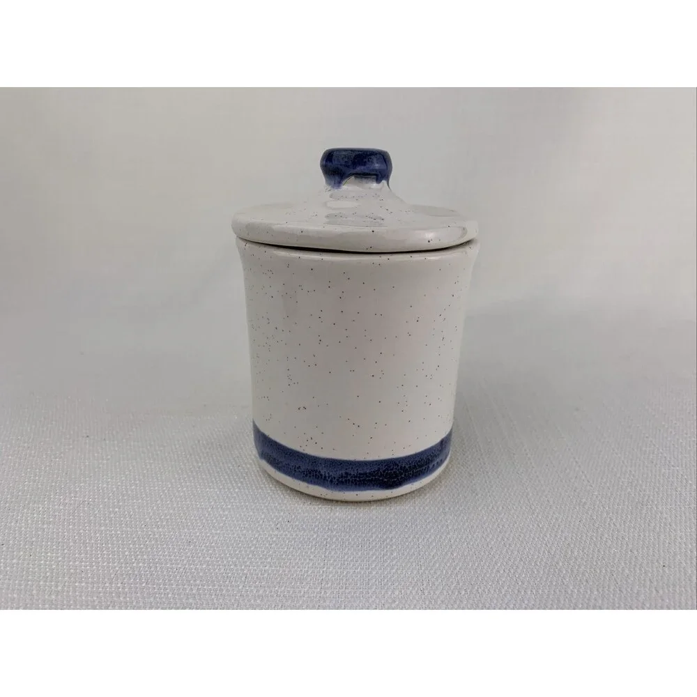 Vintage McCoy Honey Pot Stoneware Honey Pot in Gray with Blue‎ Band Trim 1950s